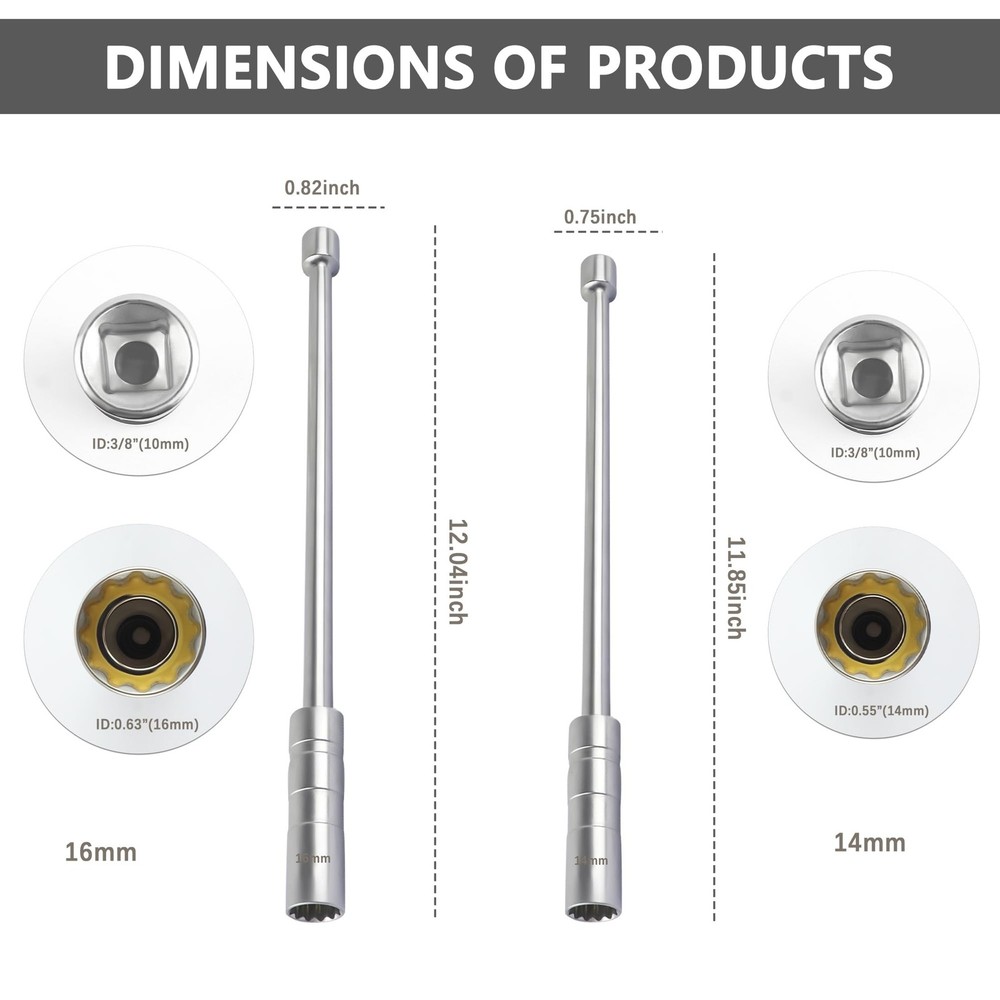 Extended Spark Plug Socket 14mm 16mm Removal Installer hardware set
