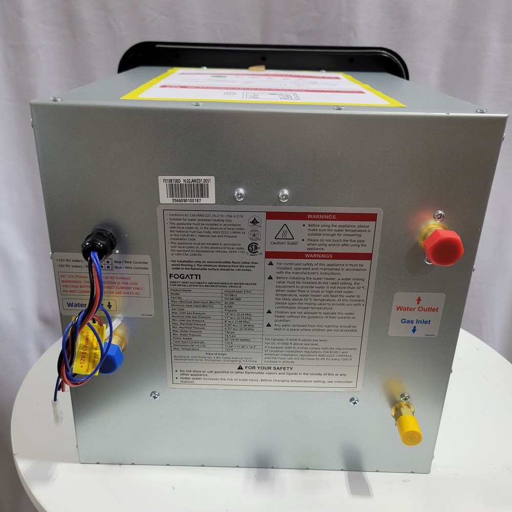 Used 66,000 BTU RV Tankless Water Heater 3.6 GPM InstaShower 9 Pro 15x15 Door