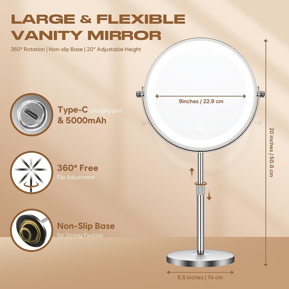 Makeup Mirror with Lights, 1x/20x 360° Rotation Vanity Mirror, Brightness Adj...
