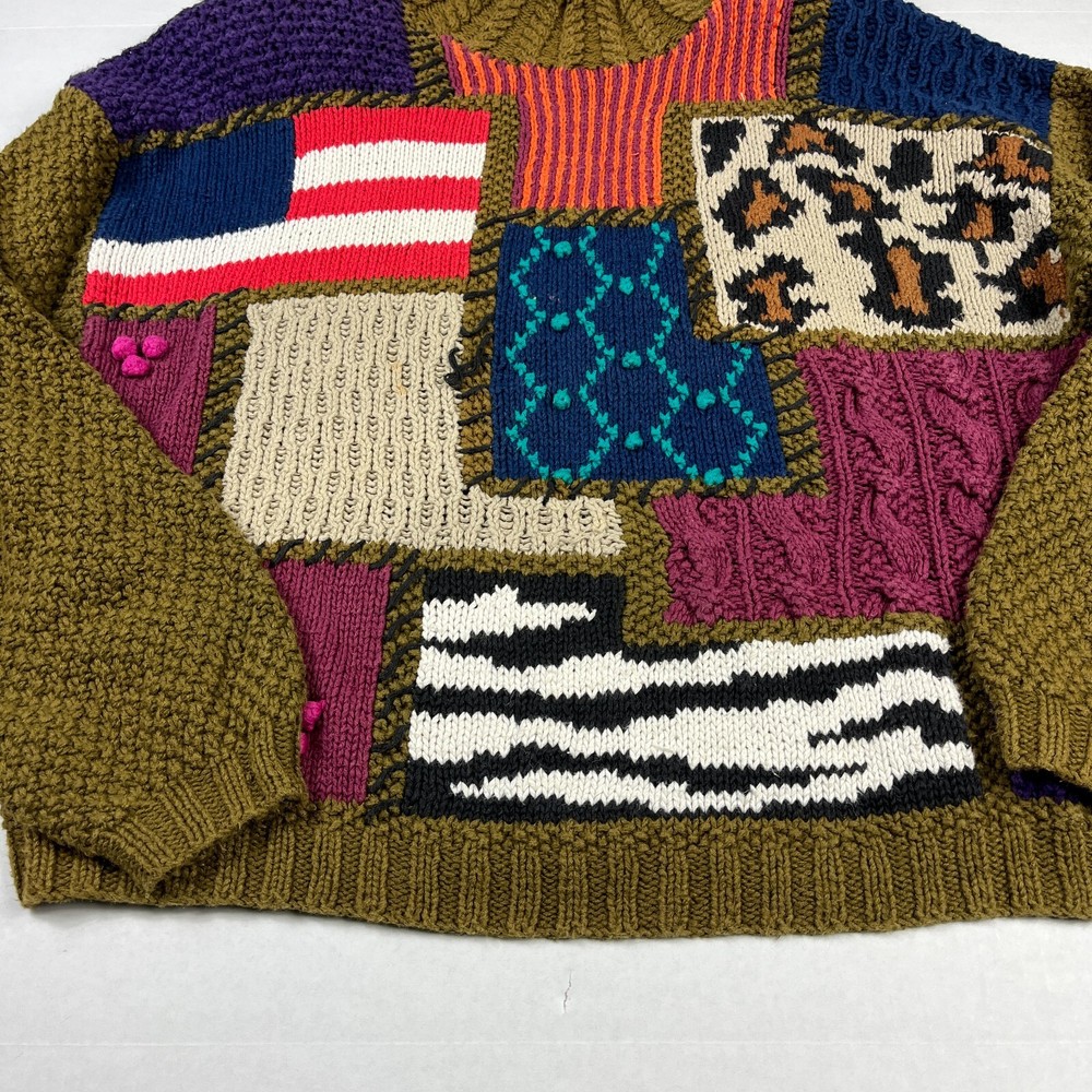 Outlander Patchwork Mock Neck Sweater Cable Knit Kitsch Vintage Size MEDIUM FLAW