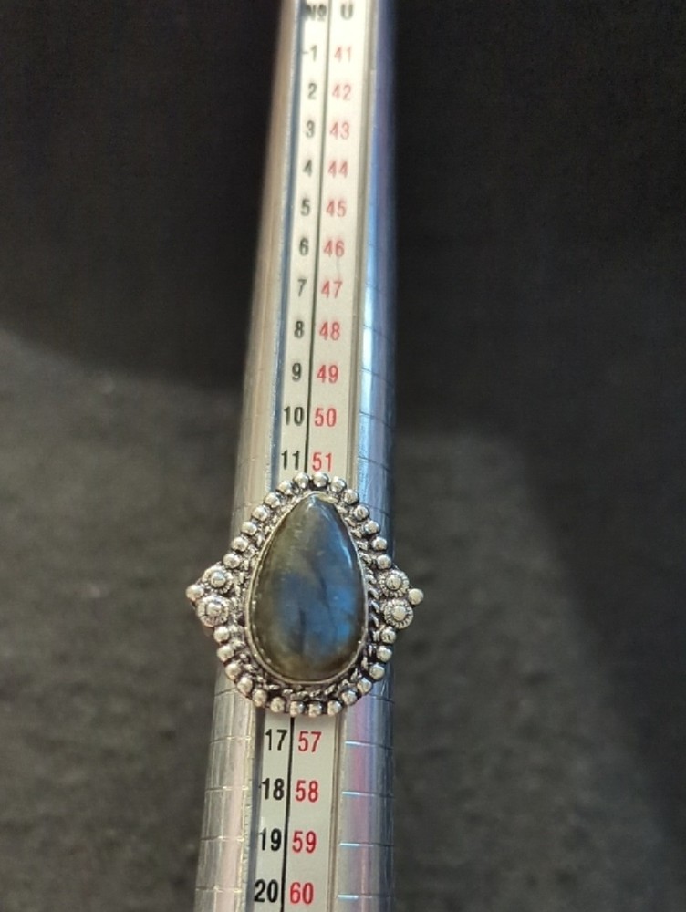 Silver Plated Grey Labradorite Gemstone Teardrop Statement Ring - size 7