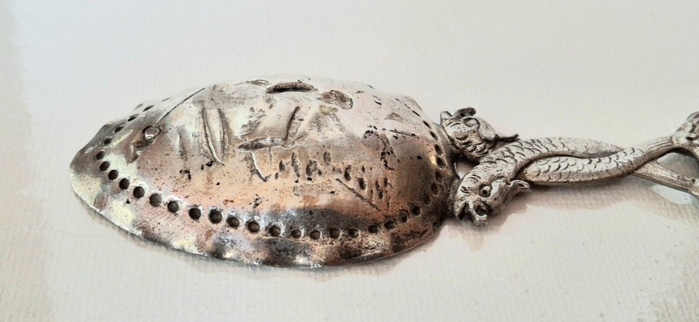 ANTIQUE GERMAN 800 SILVER DRAGON FISH HANDLE TEA CADDY SPOON