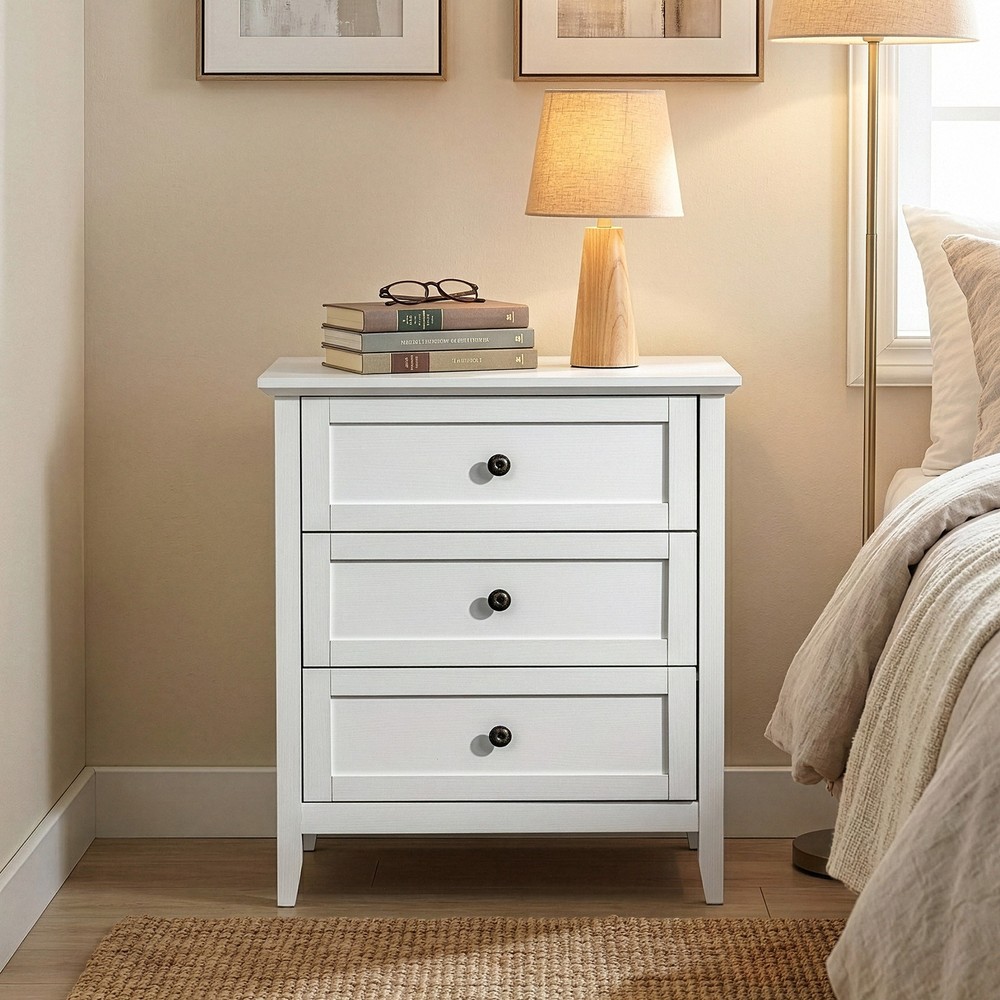 White P2 MDF Particleboard with Melamine Veneer Three-drawer Bedside Table