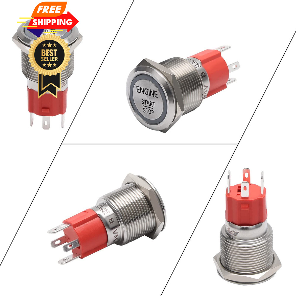 APIELE Push Start Ignition Switch, Off-(ON) Momentary, Silver Shell-Green