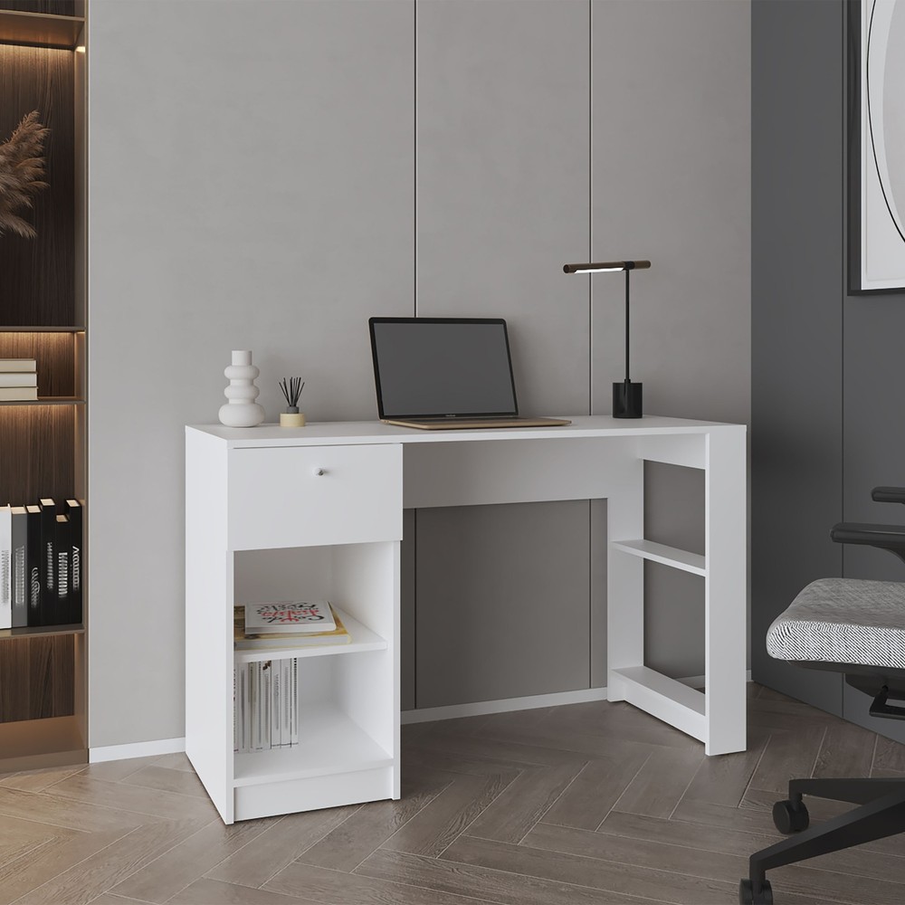 Computer Desk, 1 Drawer, 2 Shelves, White