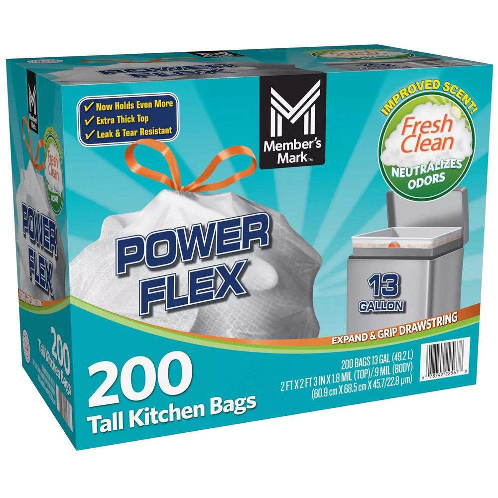 Member'S Mark Power Flex Tall Kitchen Drawstring Trash Bags, Fresh Scent (13 Gal