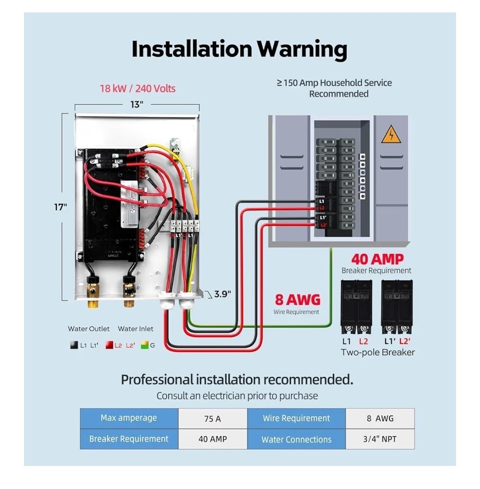 14kW Tankless Water Heater Electric, ORBEK 240 Volt On Demand Instant Hot Wat...