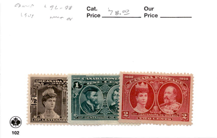 Canada, Postage Stamp, #96-98 Mint Hinged, 1908 King Edward (AI)