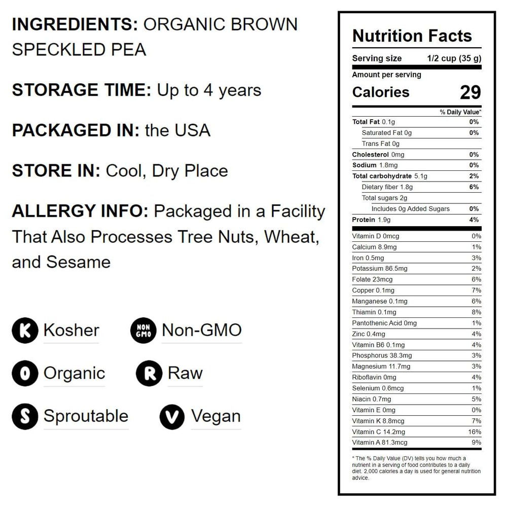 Organic Brown Speckled Peas — Whole, Non-GMO, Sprouting Seeds, Kosher, Raw