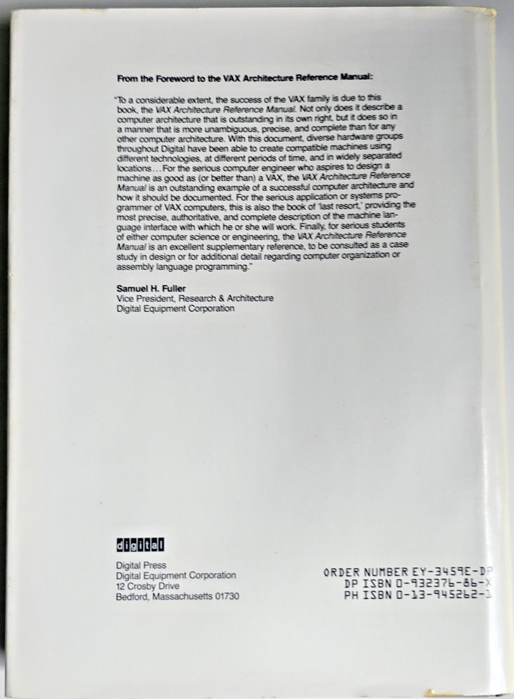 DEC VAX Architecture Reference Manual Timothy Leonard 1987 HC DJ