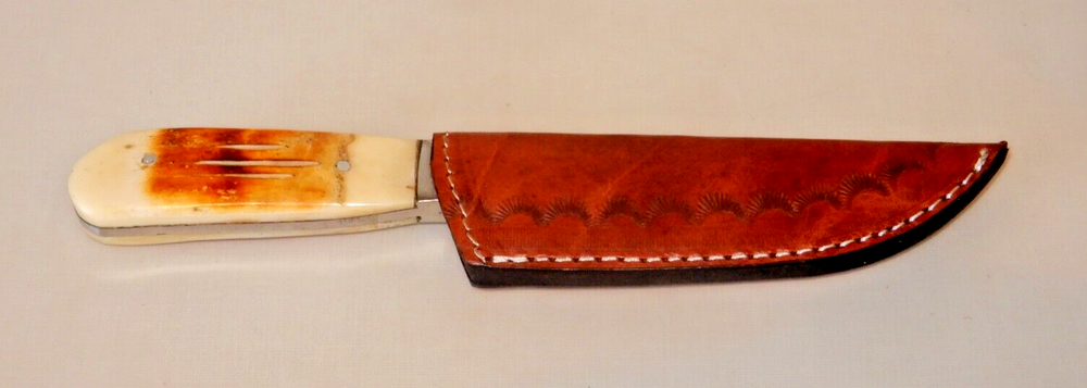 Custom Made 10.75" Knife, 5.5" Damascus blade, Bone handle, Custom Sheath UNUSED