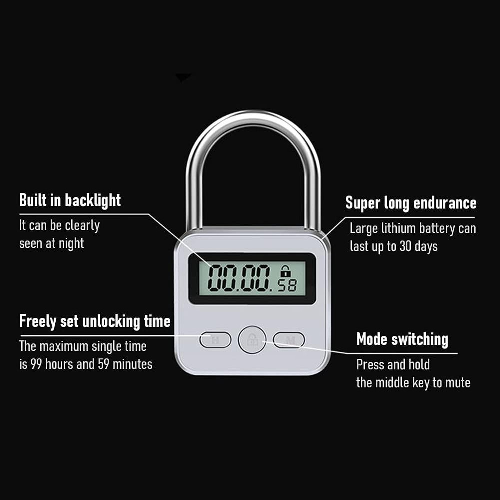 Metal Timer Lock, 99 Hours Max Timing USB Rechargeable Silver