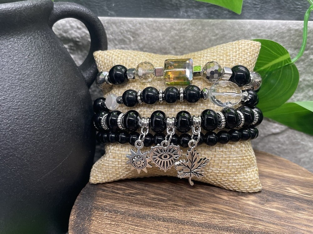4 PC Handmade Bohemian Beaded Stackable 7” Plus Stretch Bracelet Set New B1788