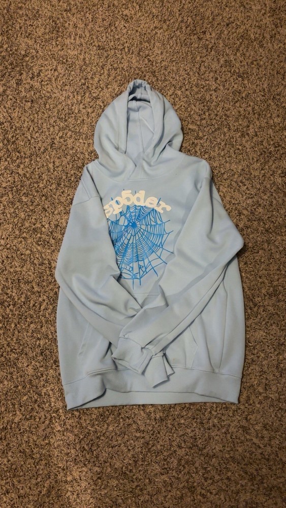 Sp5der Light Blue Hoodie with Spider Web Pattern Mens Small AUTHENTIC✅