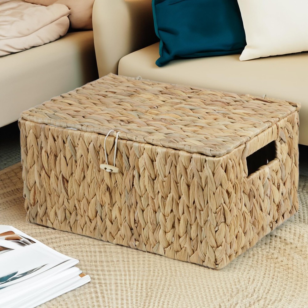Large Wicker Basket with Lid, Rectangular Water Hyacinth Storage Baskets for ...