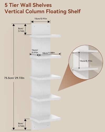 Wall Shelf Unit,Vertical Shelf,Floating Storage Wall 5 Tier White