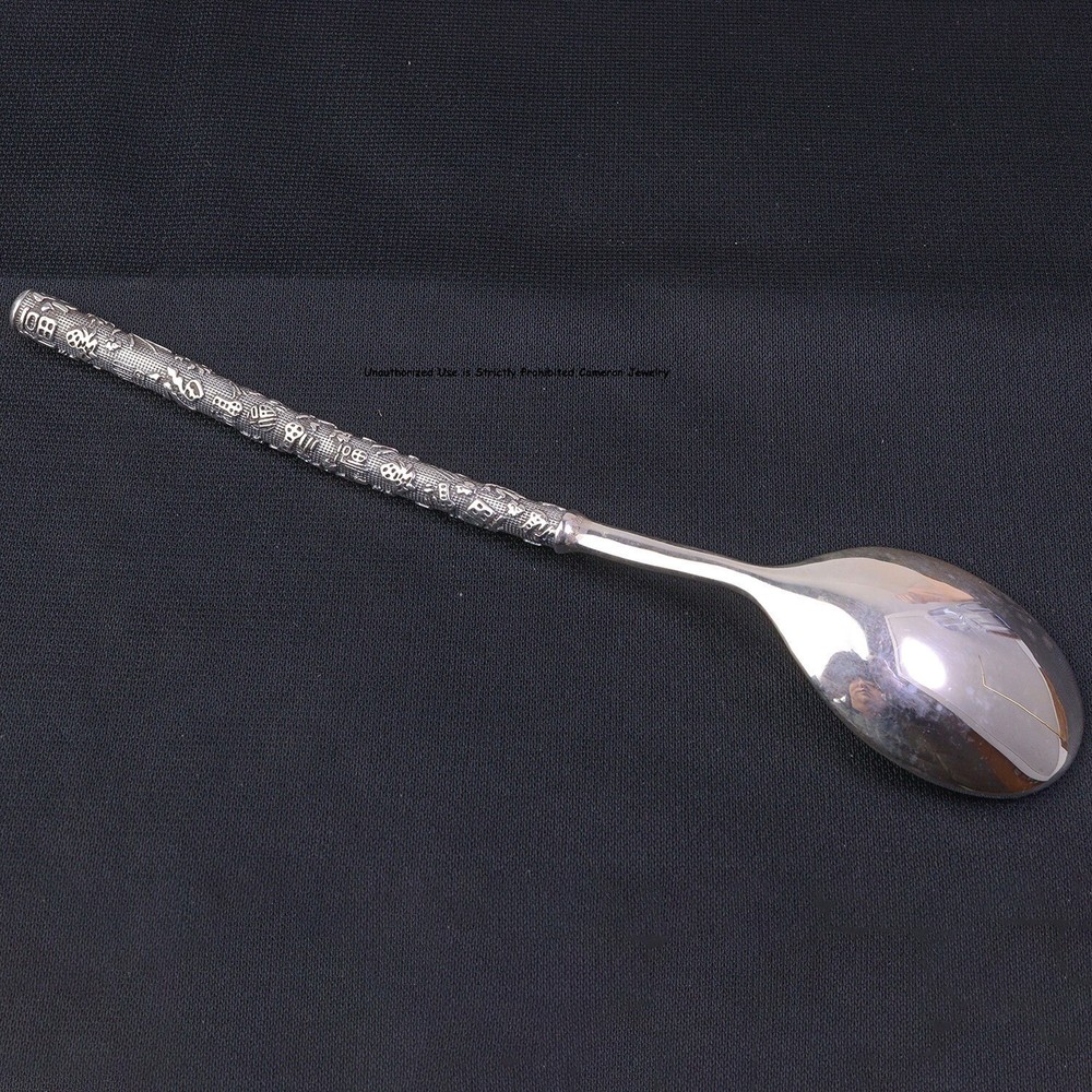 Solid S999 Fine Silver Healthy Tableware Bless Fu Handle Soup Spoon 6.1inch L