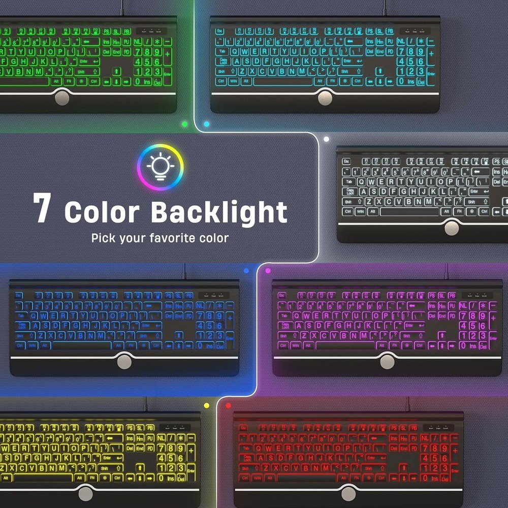Large Print Backlit Computer Keyboard, USB Full Size Wired large print, black