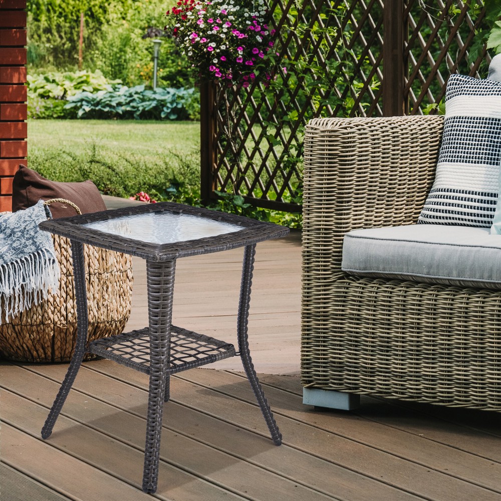Outdoor Grey Wicker Side Table Rattan Square Side Table Courtyard Coffee Bistro