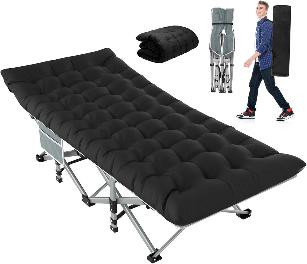 Black folding camp bed with mattress, 800 lb. maximum load capacity