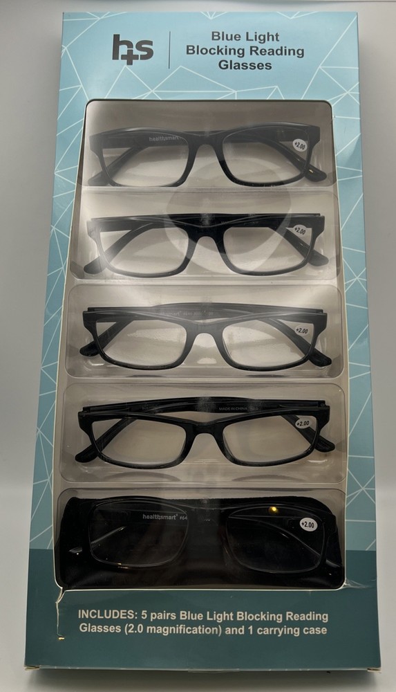 Health Smart Blue Light Blocking Reading Glasses 5 Pack 2.0 magnification Reader