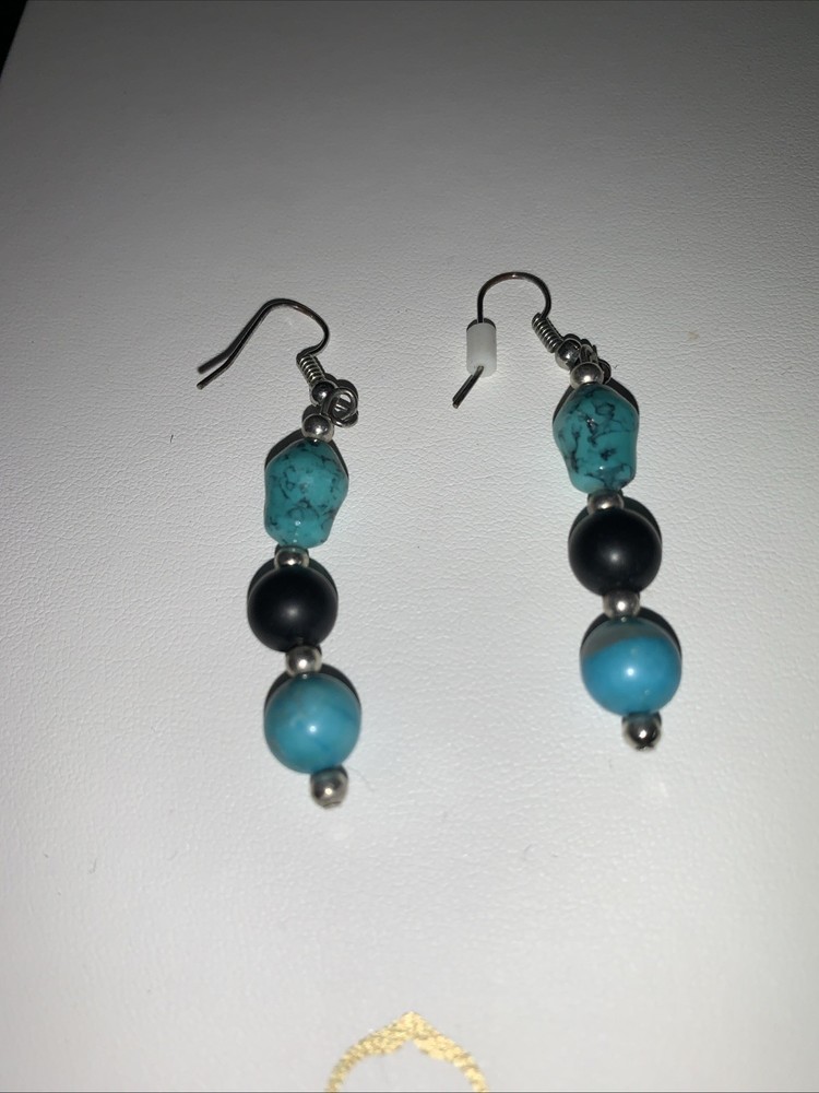 turquoise Dangle Earrings With Black Stone Between Two Turquoise Stones