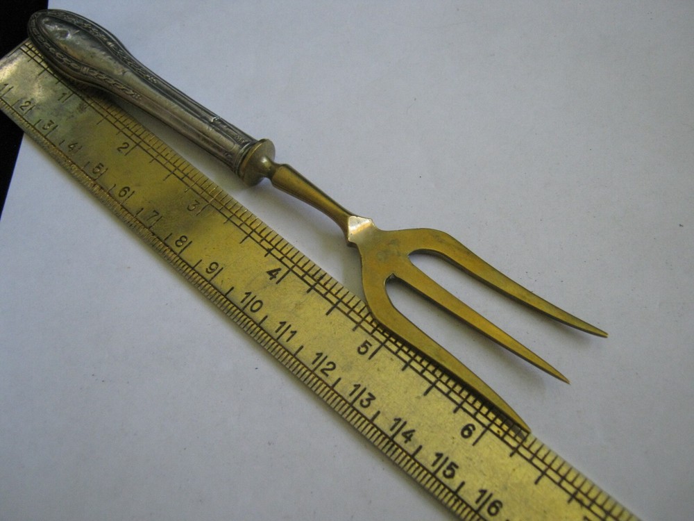 c. 1900 German 800 Silver Handle Brass 6 1/4" Trident Fork, Leaves & Berries