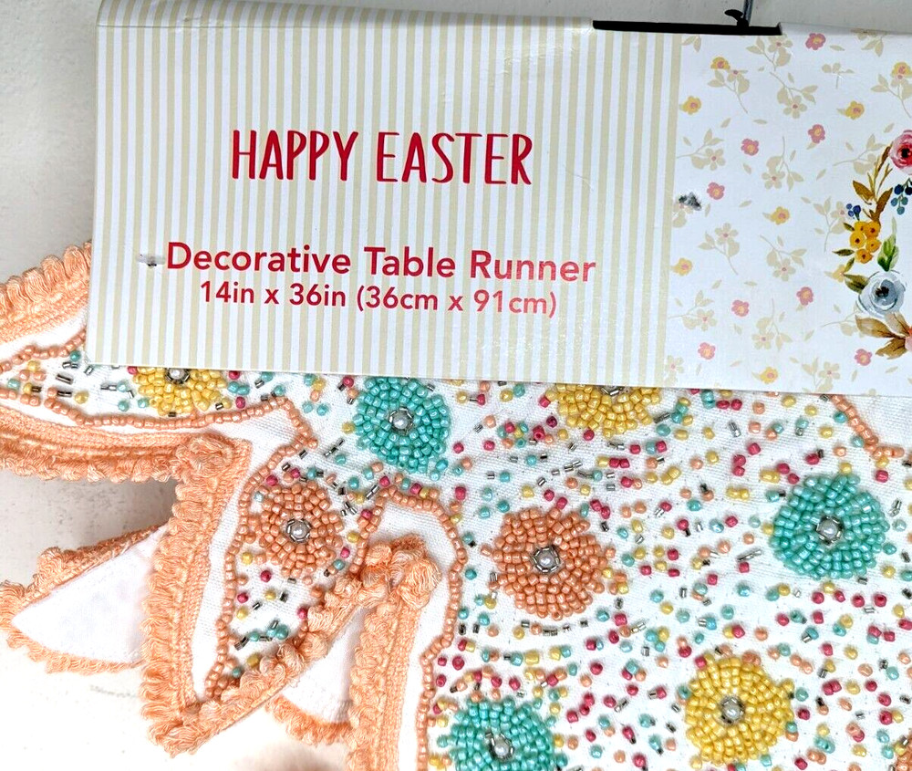 Happy Easter 36L" x 14"W 4 Bunny Rabbit Multicolor Beaded Table Runner NWT