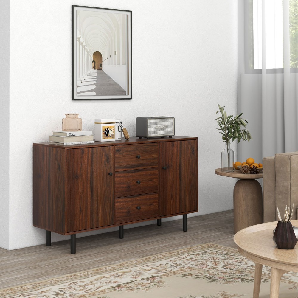 Rustic Brown Sideboard with 2 Cupboards 3 Drawers and Adjustable Shelves