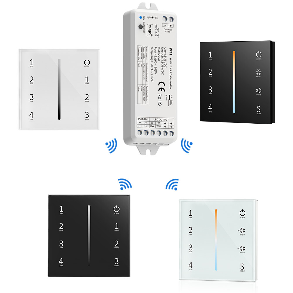 WT1 LED Controller 12-24V 4Zone Wall Touch Panel Dimmer Wireless Wifi RF Remote