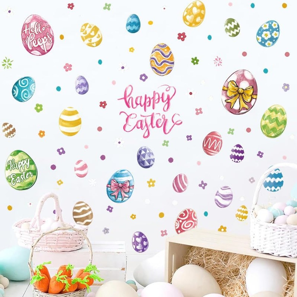 Easter Egg Window Clings, 96Pcs Happy Easter Multicolor Eggs Floral Window St...
