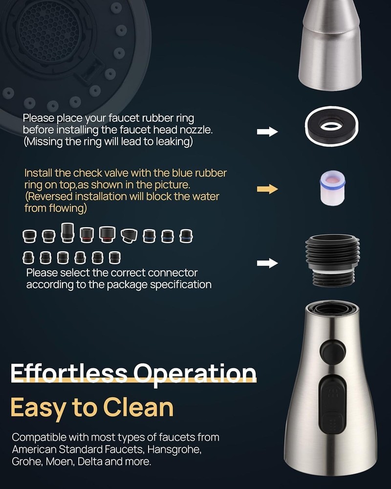 Pull Down Kitchen Faucet Sprayer Head Replacement Part with 15 Adapters, 3 Fu...