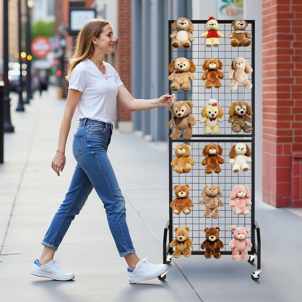 Grid Wall Panel 1.9x5.4ft, Black Carbon Steel, 10 Hooks & Locking Casters