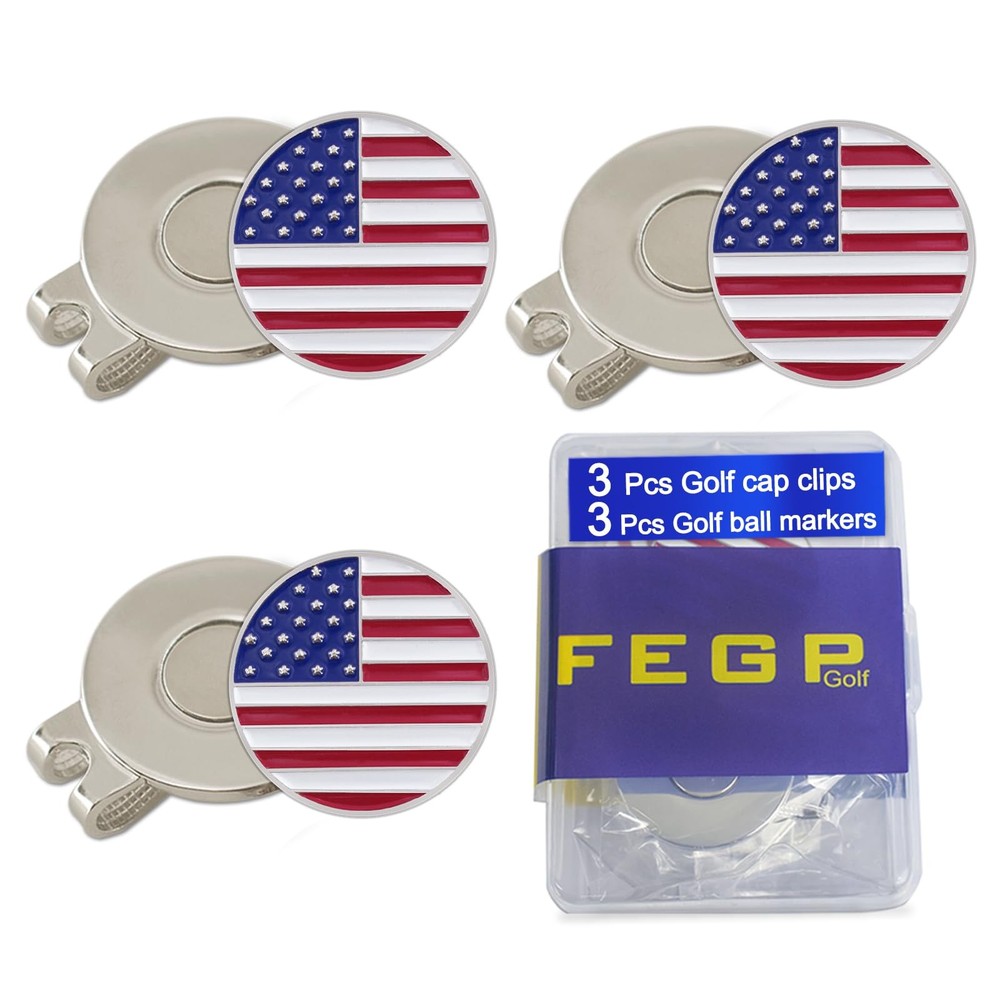 6 Pack Golf Ball Markers with Magnetic Hat Clips Value Sets - Soft USA Flag