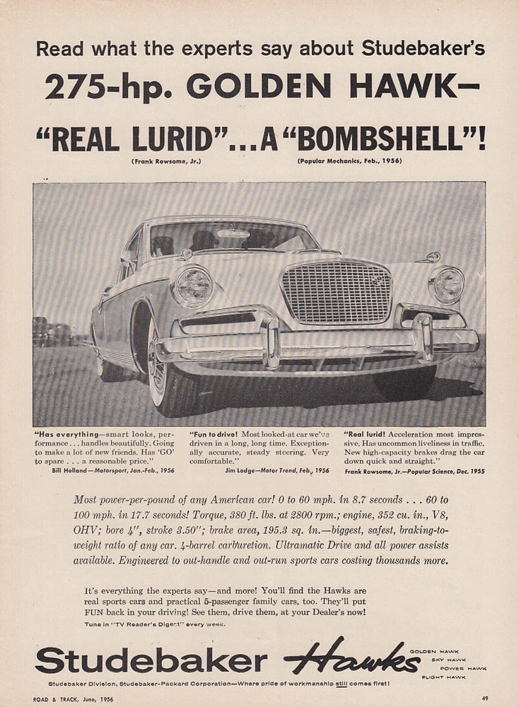 Read lurid! A Bombshell! Studebaker Golden Hawk ad 1956
