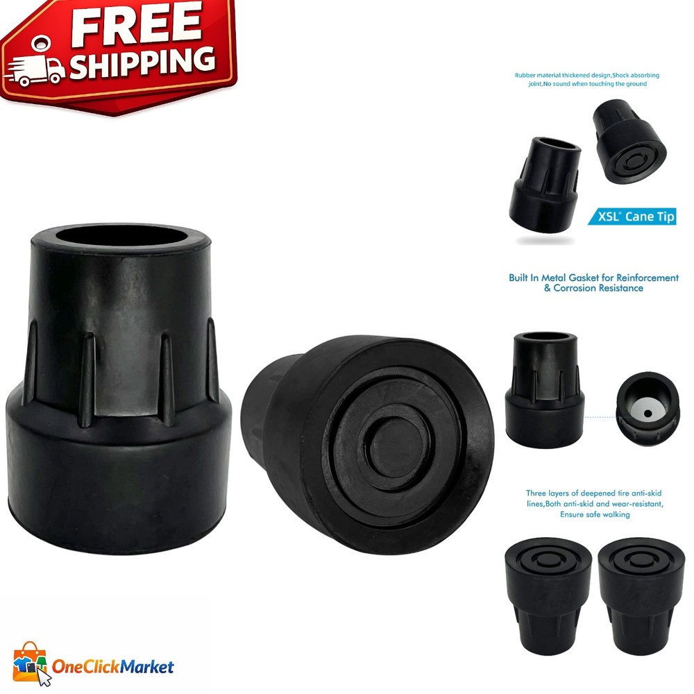 Replacement Cane Tips (Pack of 2) - 1 Inch Black, Skid-Resistant Safety Solution