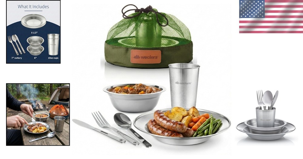 Multi-Purpose Eco-Friendly Stainless Steel Camping Dinnerware Kit - 5 Pieces