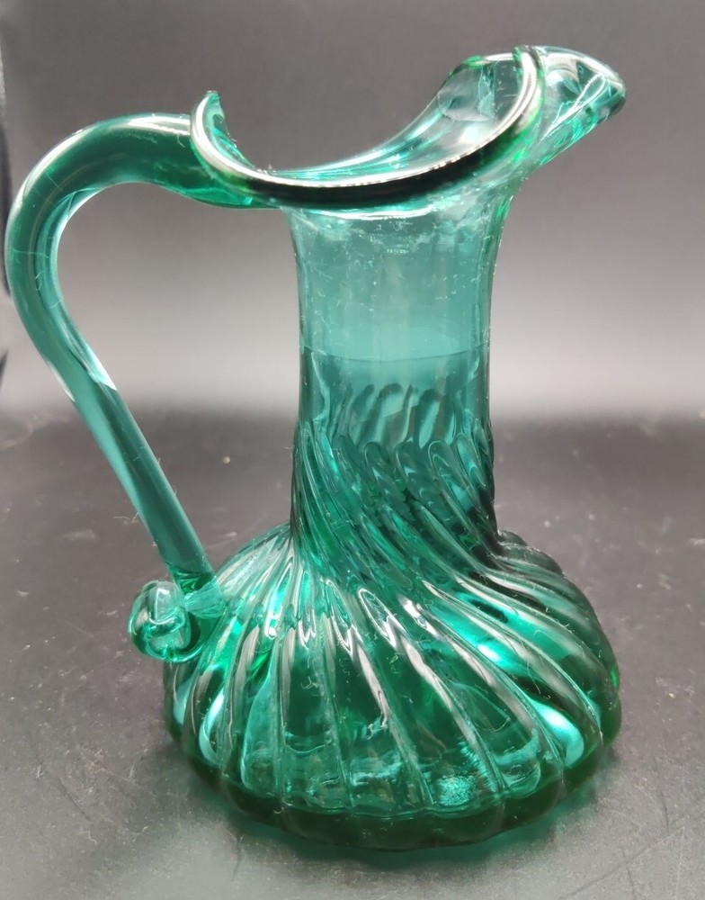 Small Green Art Glass Pitcher 5"