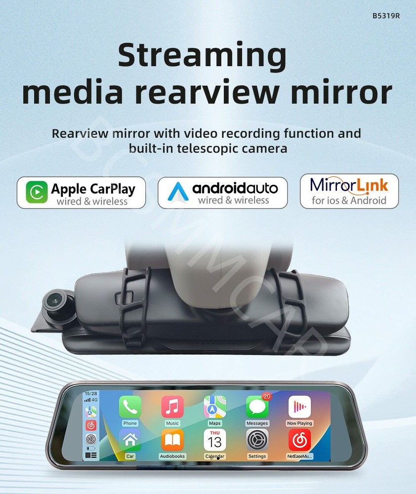 Car Rear View Mirror DVR Video Recorder Touch Screen For CarPlay Android Auto