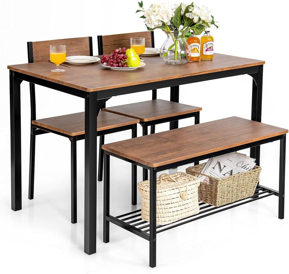 Dining Table Set 4 43" Kitchen Table & Chairs Dining Bench W/ Metal Frame &