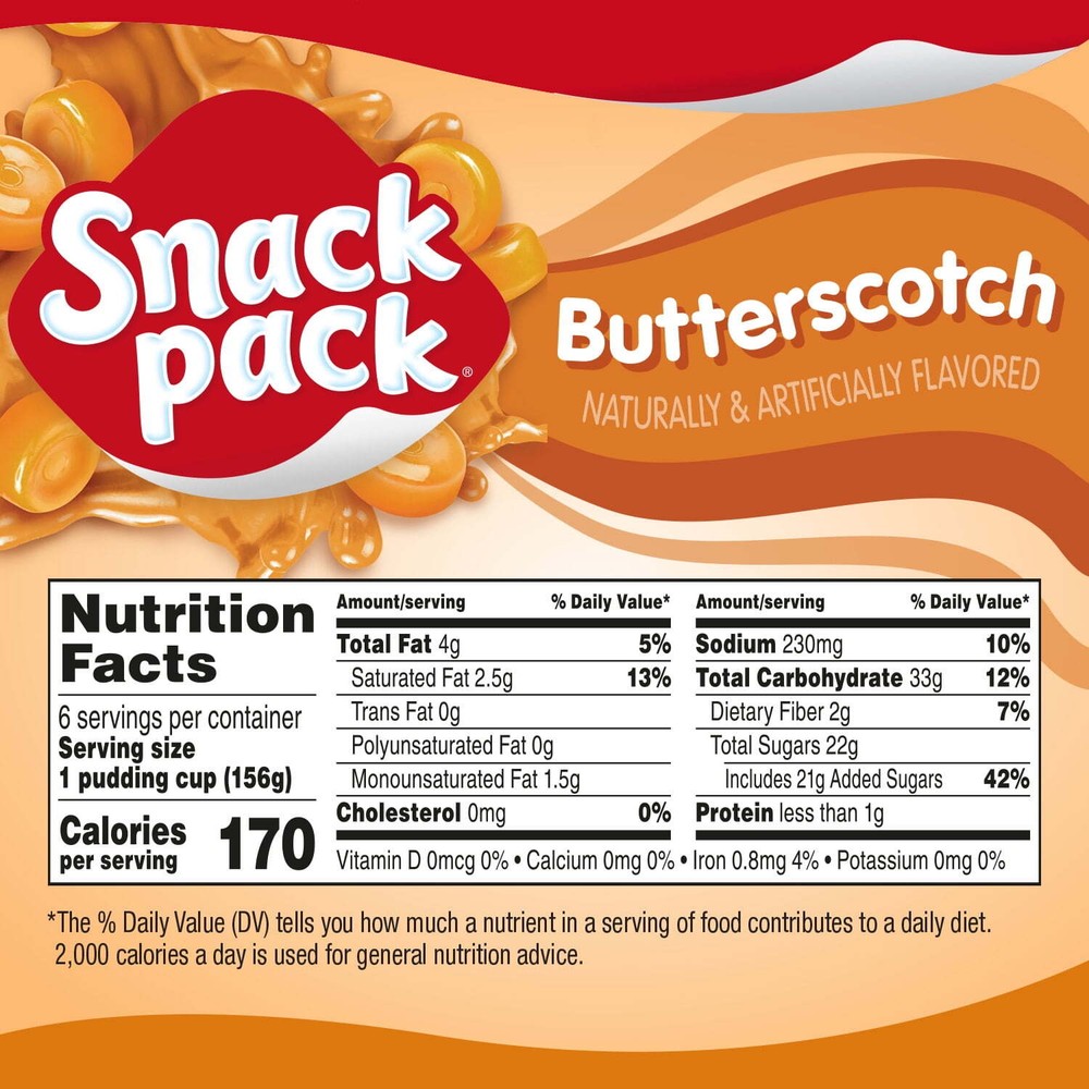 4 pack Butterscotch Flavored Pudding, Super Size, 6 Count Pudding Cups