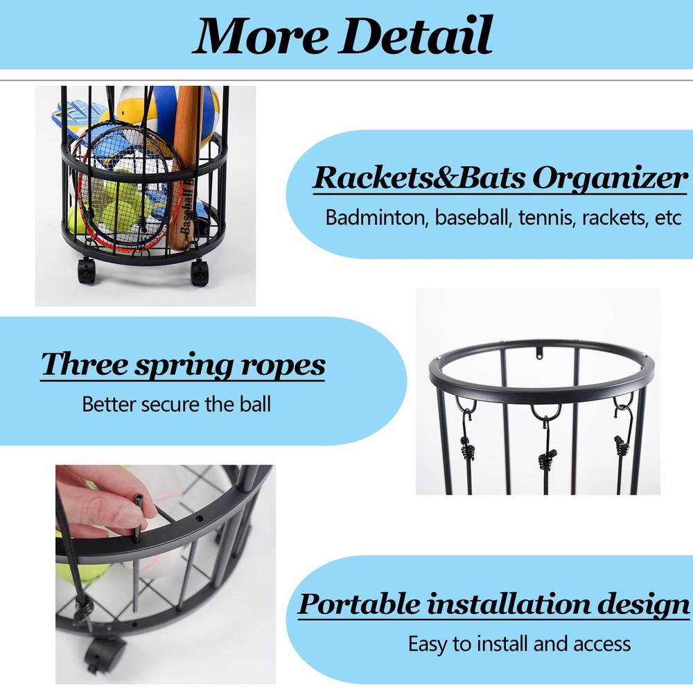 Upgrated Ball Storage Rack with Small Bottom Ball Holder, 3 Adjustable Elasti...