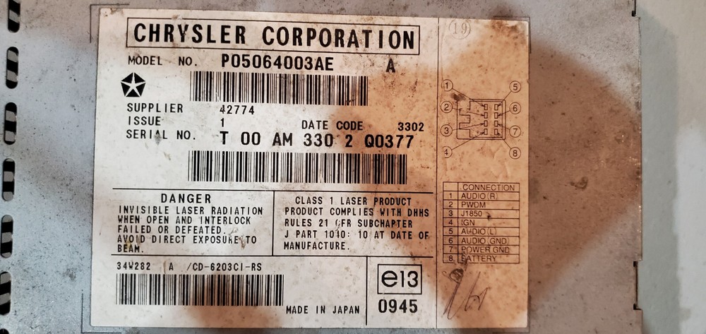 OEM Dodge Chrysler CD Player. P05064003AE