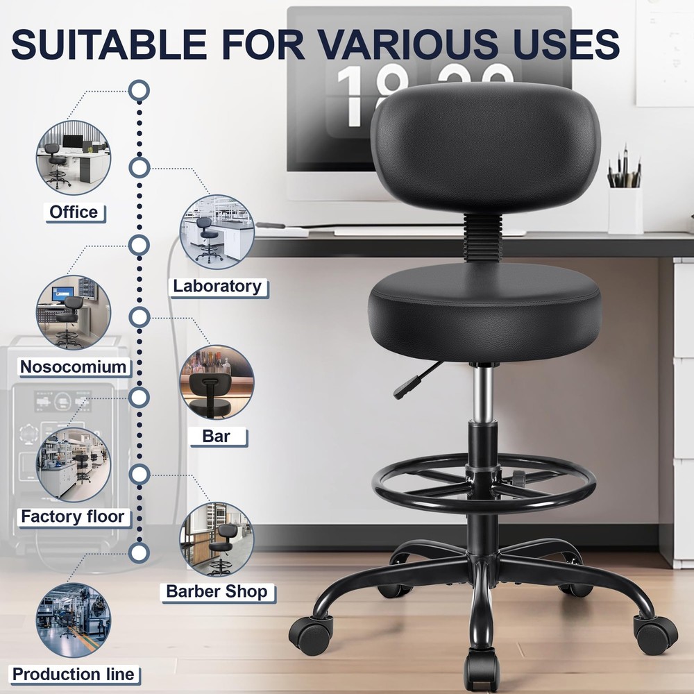 Drafting Chair with Backrest – Adjustable Foot Rest Rolling Stool with Wheels...