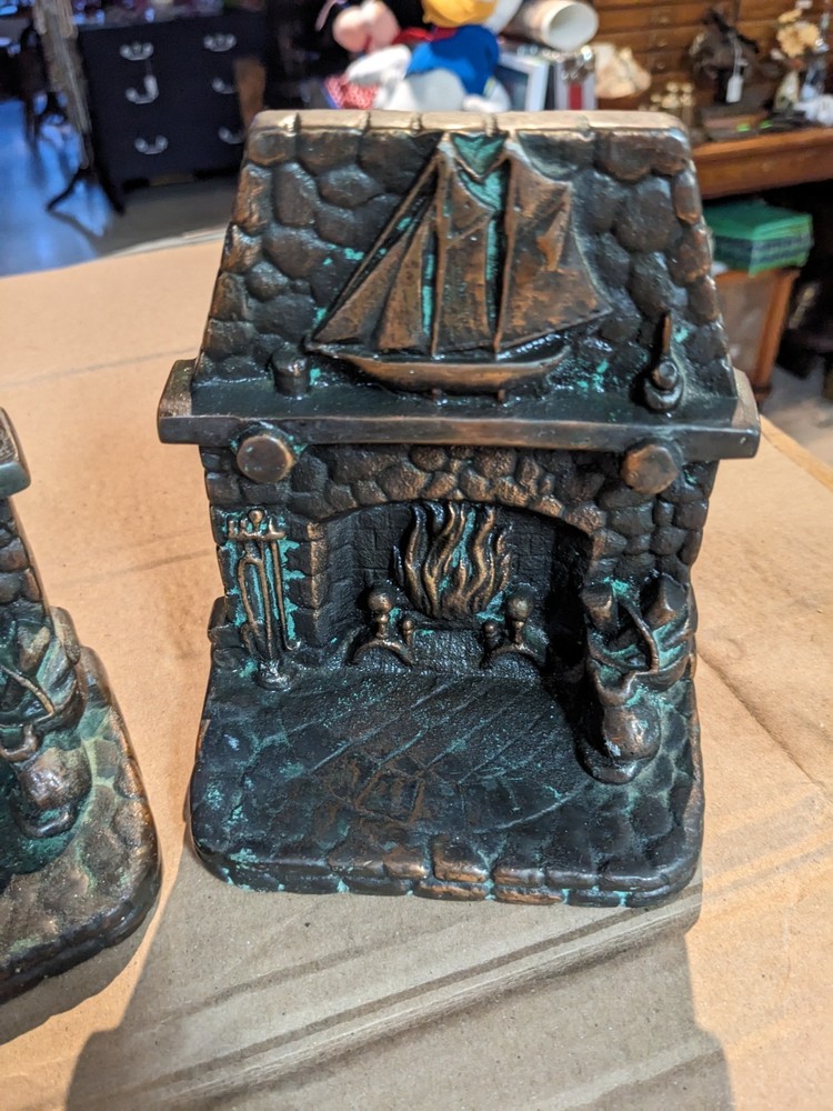 2 Solid Red Brass Bookends Rustic Blazing Fireplace With Ship On Mantel 9lb+