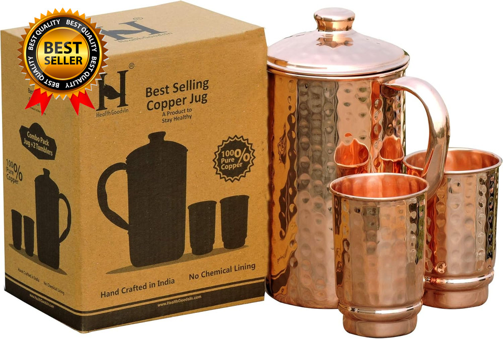 - Pure Copper Hammered Water Jug with 2 Hammered Copper