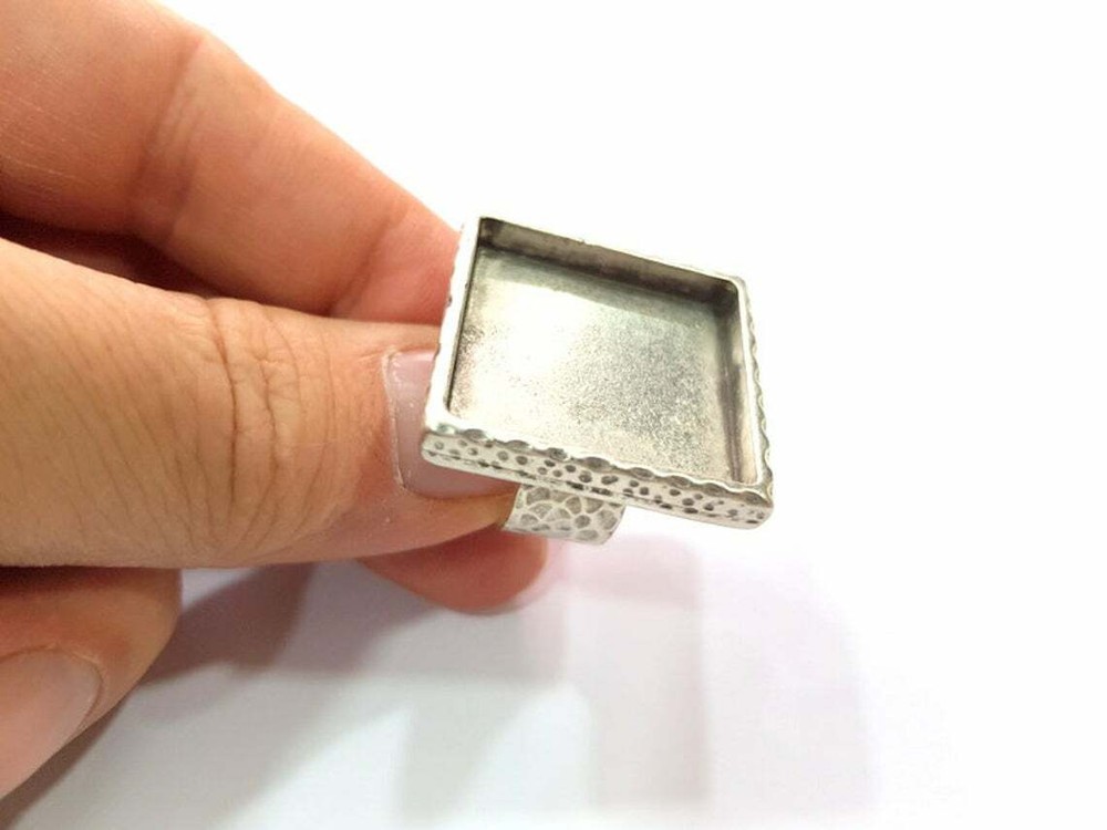 Hammered Square Ring Blank Base Bezel Setting Adjustable Antique Silver