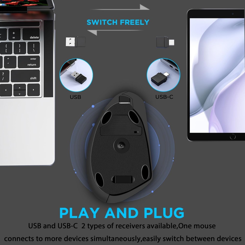 Ergonomic Mouse Wireless Bluetooth Vertical Mouse Three-mode Connection:BT5.0...