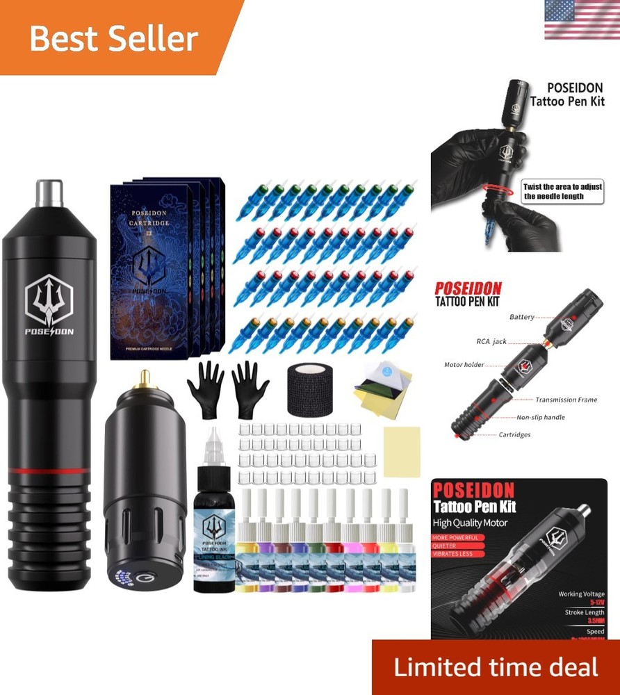 POSEIDON Complete Tattoo Kit for Beginners - Wireless Pen & Practice Supplies