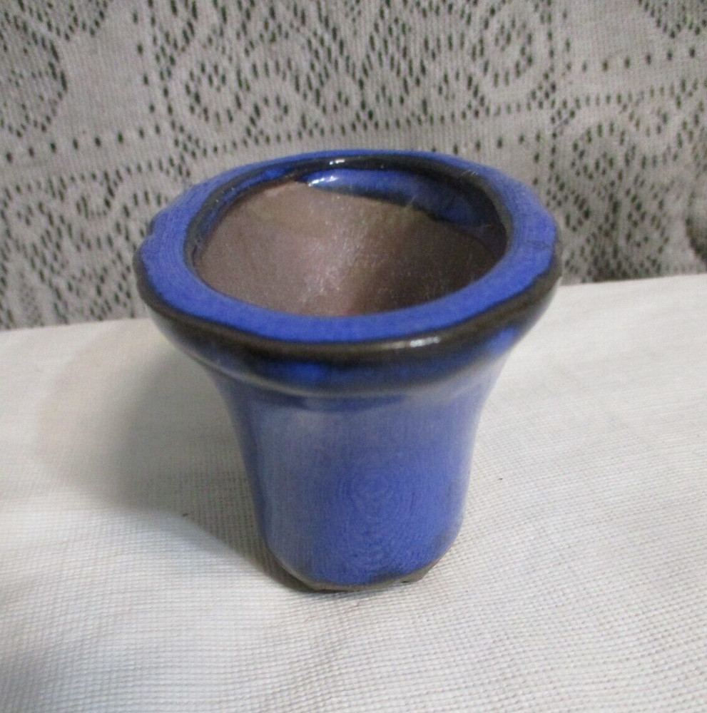 Miniature Oval Blue Pottery Footed Planter - 2.25" tall